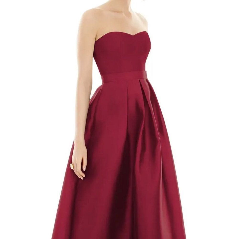 Alfred Sung Burgundy Strapless Satin Twill A-Line Gown